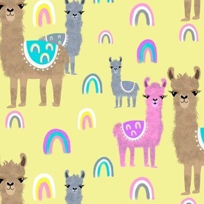  Large scale cute llamas on yellow with rainbows 