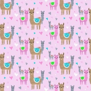 Small scale cute llamas on pink with hearts