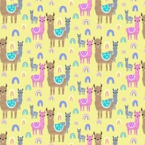 Small scale cute llamas on yellow with rainbows 