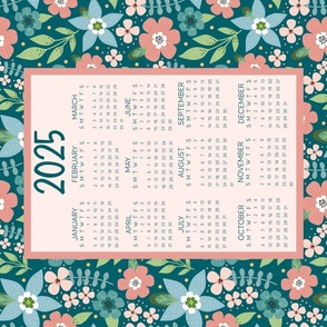 2025 Calendar Wall Hanging Fat Quarter Tea Towel Turquoise Wildflowers