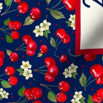 2025 Calendar Wall Hanging Fat Quarter Tea Towel Life is Sweet Cherries Navy and Red