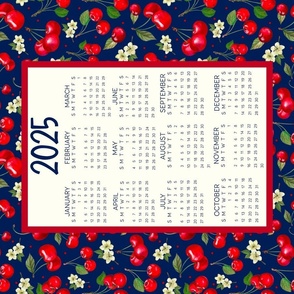 2025 Calendar Wall Hanging Fat Quarter Tea Towel Life is Sweet Cherries Navy and Red