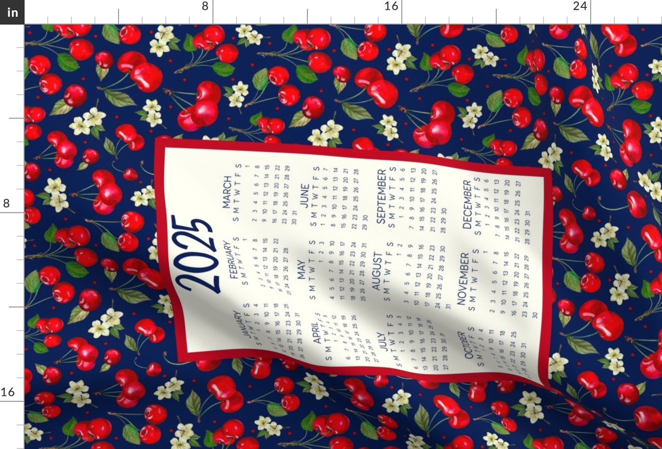 2025 Calendar Wall Hanging Fat Quarter Tea Towel Life is Sweet Cherries Navy and Red