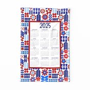2025 Calendar Wall Hanging Fat Quarter Tea Towel Patriotic Scandi Flowers in Red White and Blue