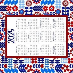 2025 Calendar Wall Hanging Fat Quarter Tea Towel Patriotic Scandi Flowers in Red White and Blue