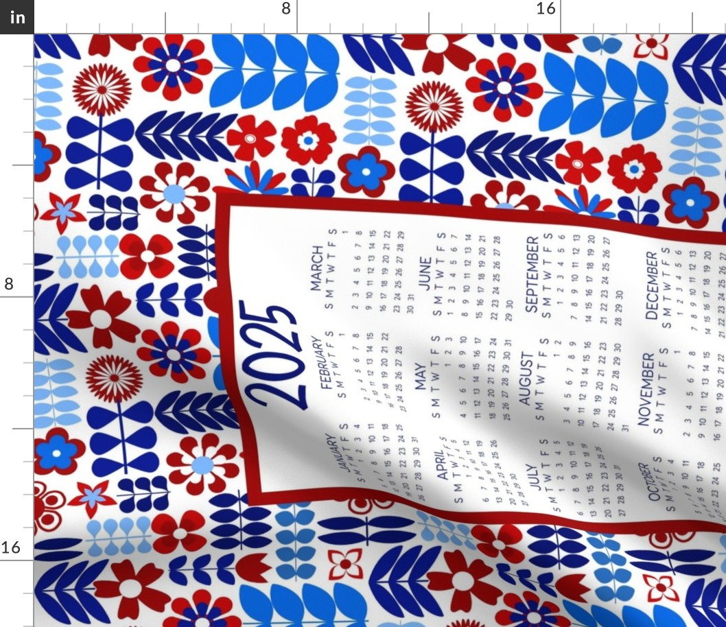 2025 Calendar Wall Hanging Fat Quarter Tea Towel Patriotic Scandi Flowers in Red White and Blue