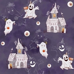 Halloween Kids Decorations Purple Night | Flying Smiling Ghosts, Human Eye Balls & Creepy Witches & Haunted House
