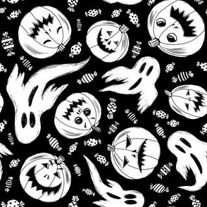 Ghosts, candy and pumkins, black background
