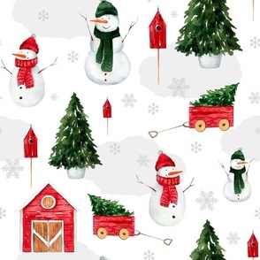 Bigger Scale Snowman Season Winter Christmas Trees and Rustic Red Barn