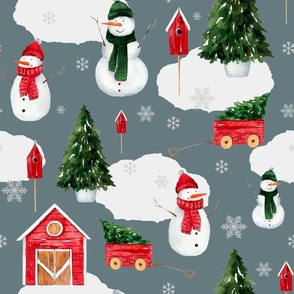 Bigger Scale Snowman Season Winter Christmas Trees and Rustic Red Barn on Slate