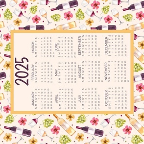 2025 Calendar Wall Hanging Fat Quarter Tea Towel Red and White Wine Bottles Glasses and Grapes