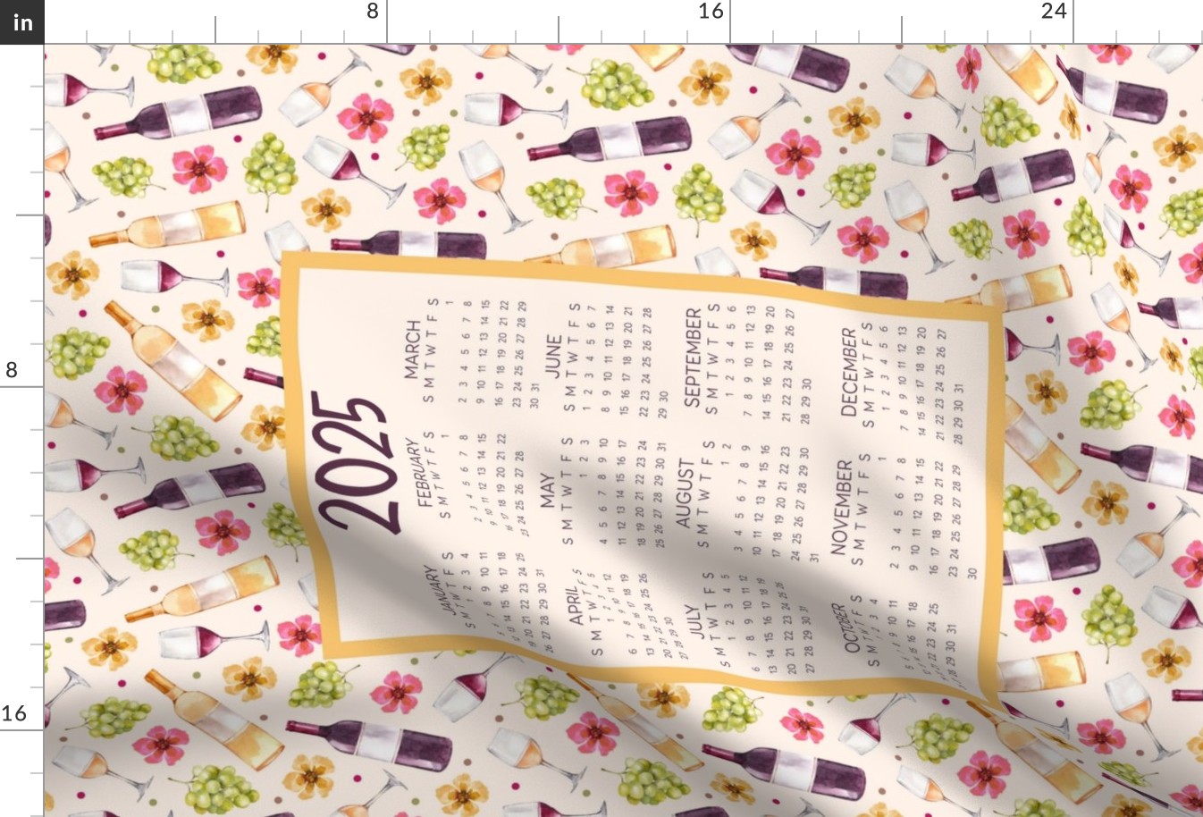 2025 Calendar Wall Hanging Fat Quarter Tea Towel Red and White Wine Bottles Glasses and Grapes