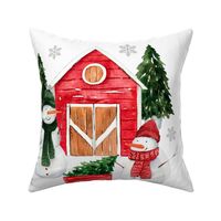 18x18 Pillow Sham Front Fat Quarter Size Makes 18" Square Cushion Cover Snowman Season Winter Christmas Trees and Rustic Red Barn