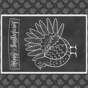 Fat Quarter Panel Tea Towel or Wall Art Hanging Happy Thanksgiving Turkey Doodles on Chalkboard Texture Black and White