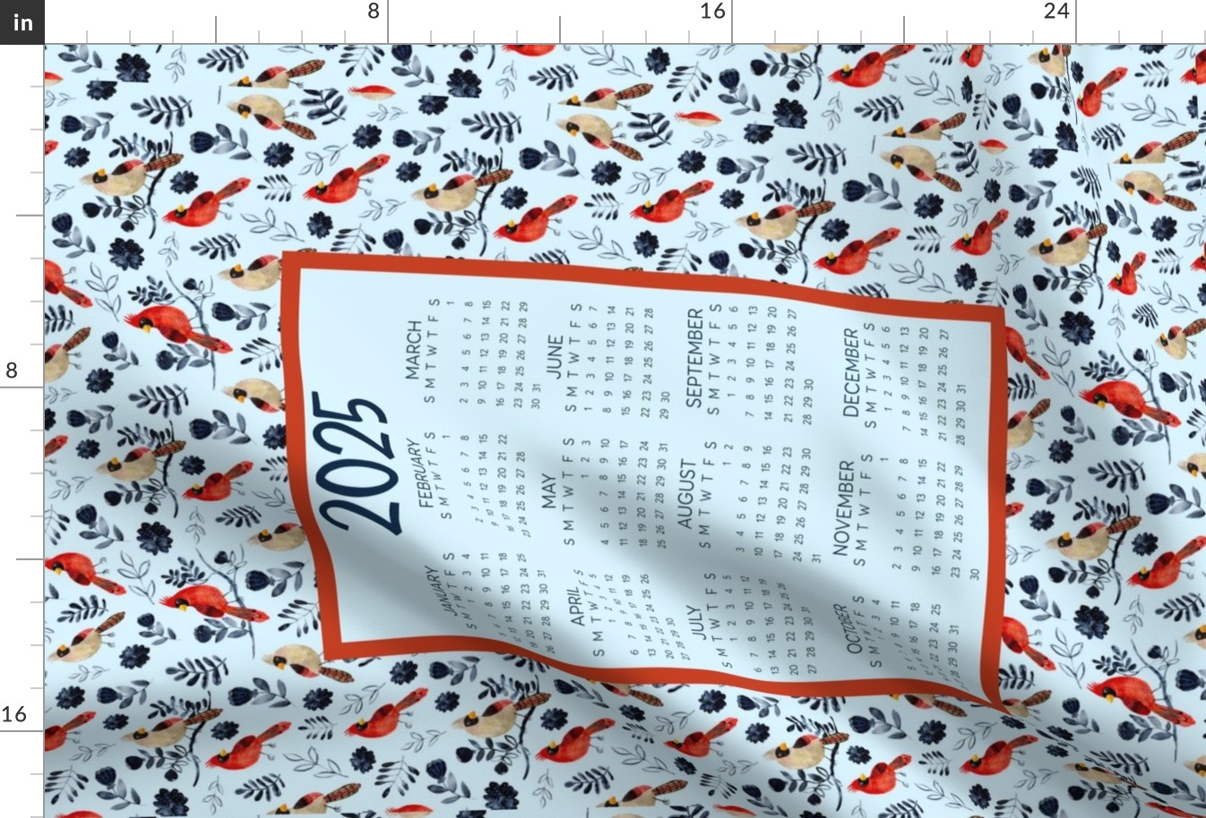 2025 Calendar Wall Hanging Fat Quarter Tea Towel Male and Female Cardinals