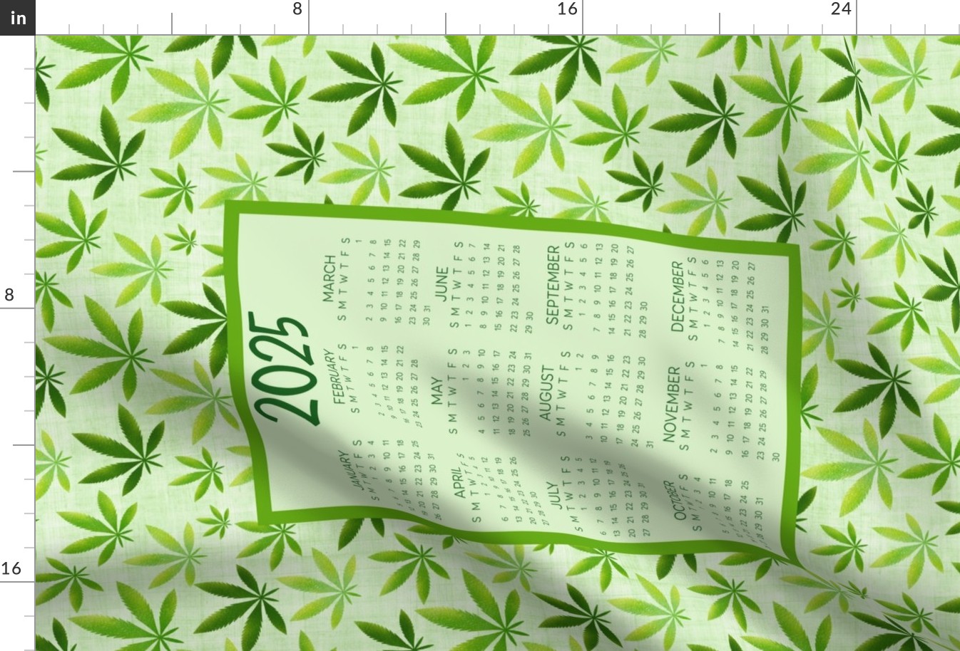 2025 Calendar Wall Hanging Fat Quarter Tea Towel Green Marijuana Pot Leaves