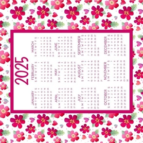 2025 Calendar Wall Hanging Fat Quarter Tea Towel Size Watercolor Flowers and Hearts Red and Pink