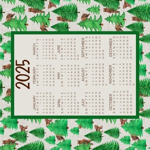 2025 Calendar Wall Hanging Fat Quarter Tea Towel Size Outdoorsy Woodland Pine Tree Forest with Brown Bears