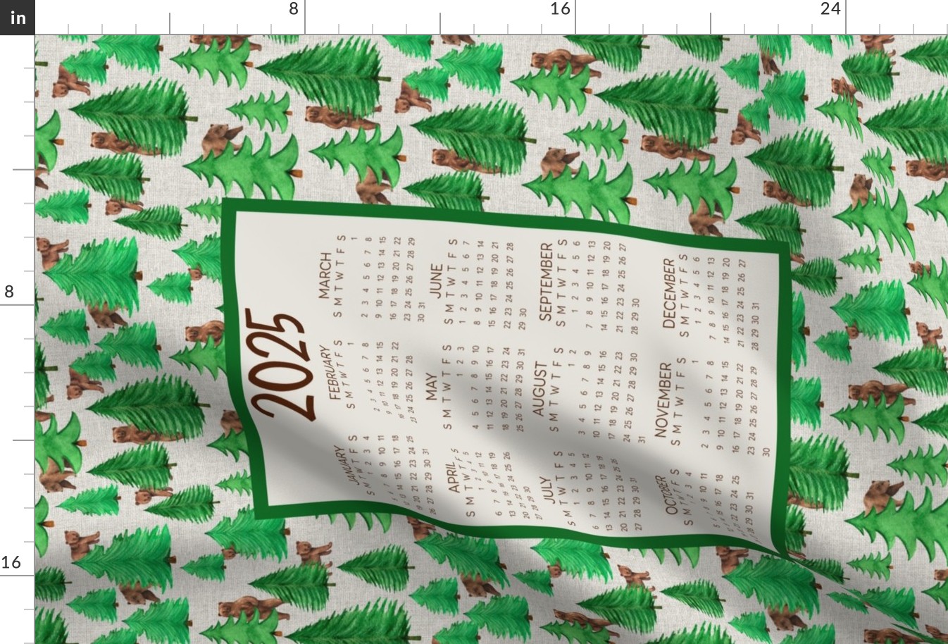 2025 Calendar Wall Hanging Fat Quarter Tea Towel Size Outdoorsy Woodland Pine Tree Forest with Brown Bears