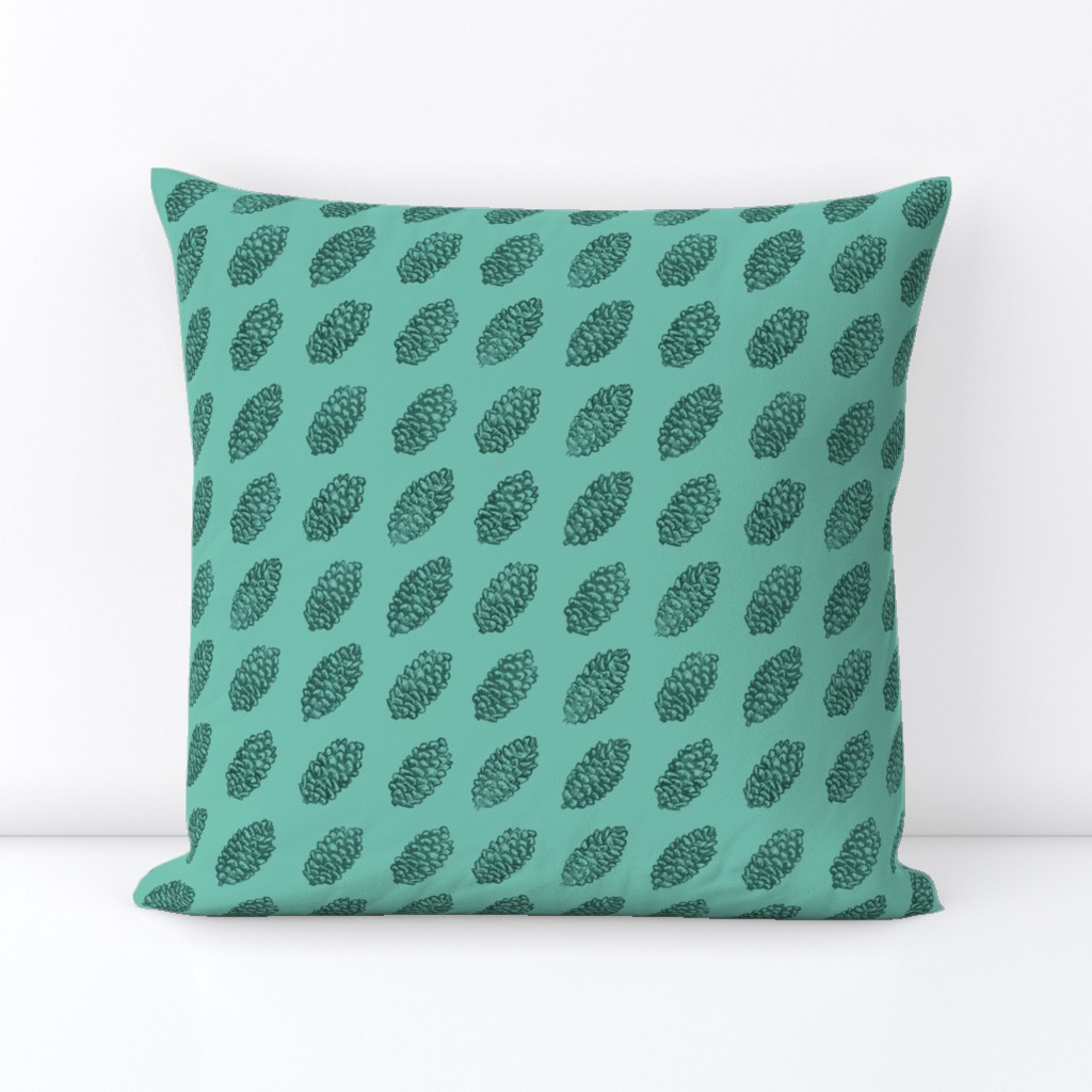 spruce cones in rows - forest on bright mint green