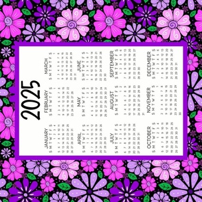 2025 Calendar Wall Hanging Fat Quarter Tea Towel Size Bold Purple and Pink Flowers