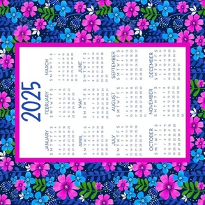2025 Calendar Wall Hanging Fat Quarter Tea Towel Size Bright Blue and Fuchsia Pink Wildflowers