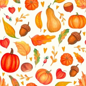 Large Scale Fall Feels Pumpkins Squash and Autumn Leaves on Ivory