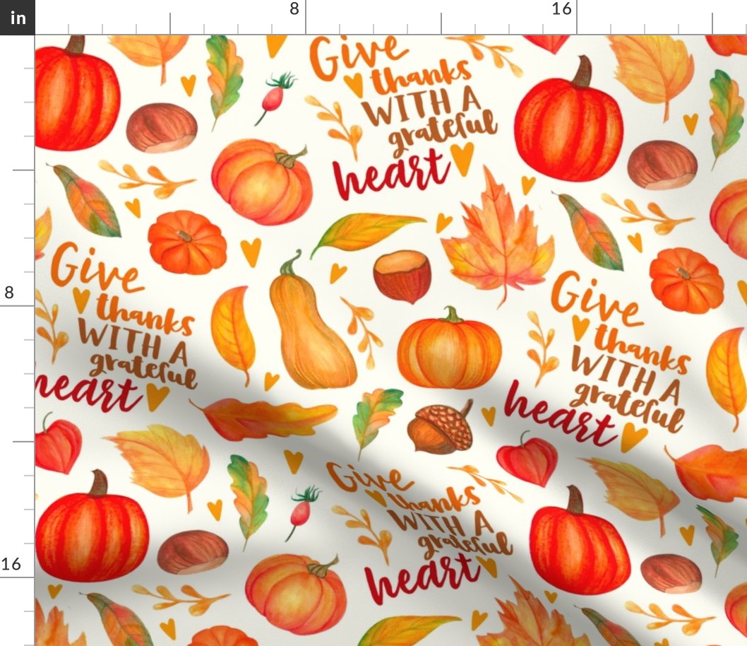 Large Scale Give Thanks with a Grateful Heart Fall Pumpkins Squash and Autumn Leaves on Ivory