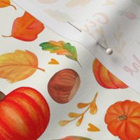 Medium Scale Give Thanks with a Grateful Heart Fall Pumpkins Squash and Autumn Leaves on Ivory