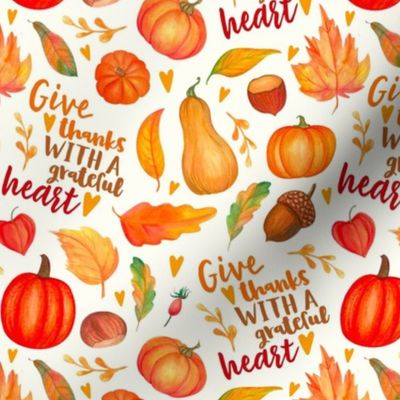 Medium Scale Give Thanks with a Grateful Heart Fall Pumpkins Squash and Autumn Leaves on Ivory