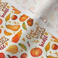 Small Scale Give Thanks with a Grateful Heart Fall Pumpkins Squash and Autumn Leaves on Ivory