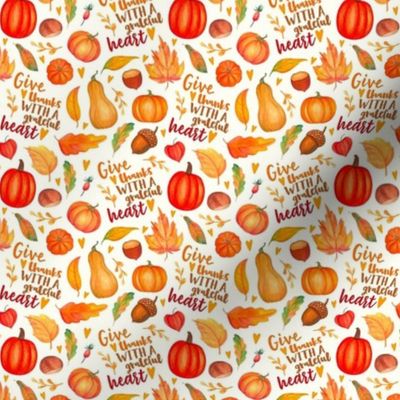 Small Scale Give Thanks with a Grateful Heart Fall Pumpkins Squash and Autumn Leaves on Ivory
