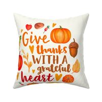 18x18 Panel Give Thanks with a Grateful Heart Fall Pumpkins Squash and Autumn Leaves on Ivory for DIY Throw Pillow Cushion Cover Tote Bag