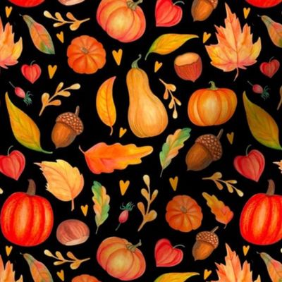Medium Scale Fall Feels Pumpkins Squash and Autumn Leaves on Black