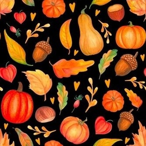 Medium Scale Fall Feels Pumpkins Squash and Autumn Leaves on Black