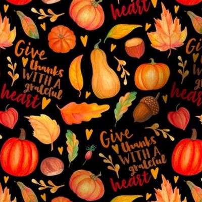 Medium Scale Give Thanks with a Grateful Heart Fall Pumpkins Squash and Autumn Leaves on Black 