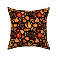 Medium Scale Give Thanks with a Grateful Heart Fall Pumpkins Squash and Autumn Leaves on Black 