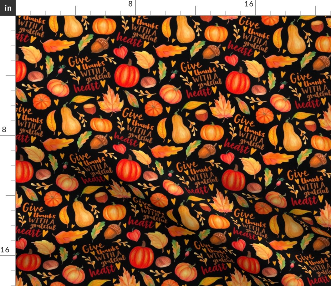 Medium Scale Give Thanks with a Grateful Heart Fall Pumpkins Squash and Autumn Leaves on Black 