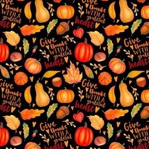 Small Scale Give Thanks with a Grateful Heart Fall Pumpkins Squash and Autumn Leaves on Black