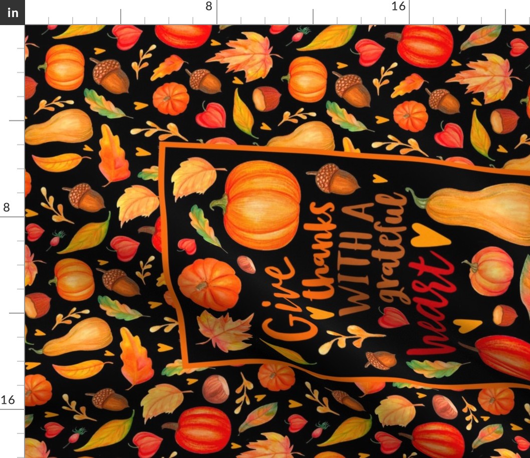 Large 27x18 Panel Give Thanks with a Grateful Heart Fall Pumpkins Squash and Autumn Leaves on Black for Wall Hanging or Tea Towel