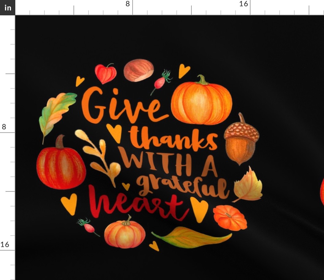 18x18 Panel Give Thanks with a Grateful Heart Fall Pumpkins Squash and Autumn Leaves on Black for DIY Throw Pillow Cushion Cover Tote Bag
