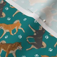 Tiny Trotting Shiba Inu and paw prints B - teal