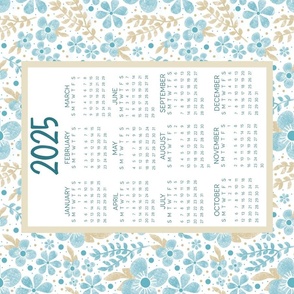2025 Calendar Wall Hanging Fat Quarter Tea Towel Size Soft Aqua and Tan Floral