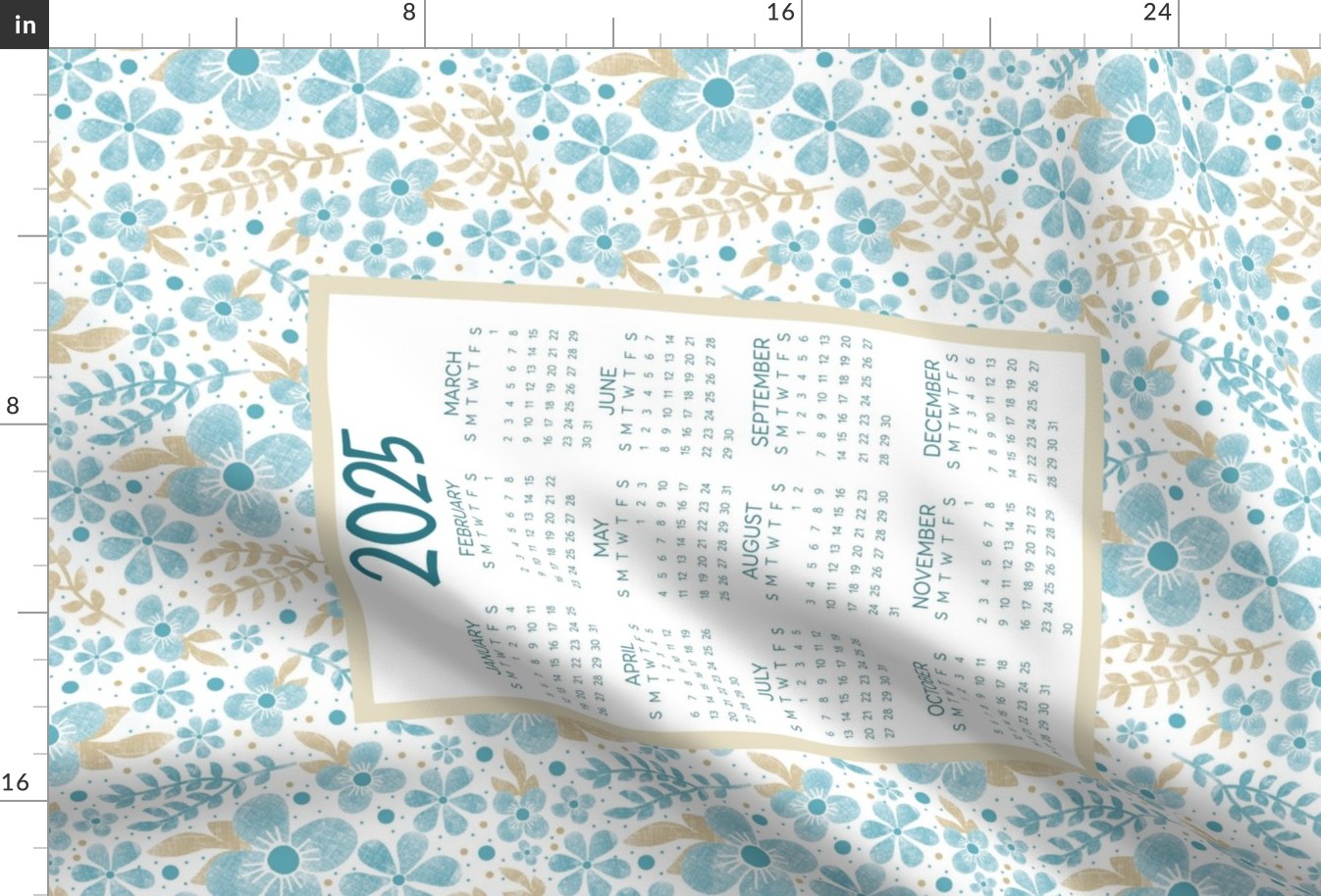2025 Calendar Wall Hanging Fat Quarter Tea Towel Size Soft Aqua and Tan Floral