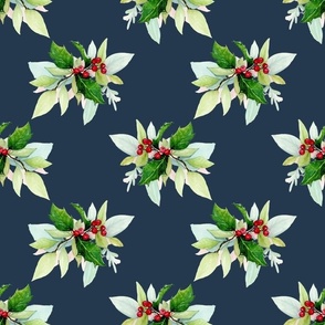 Bigger Scale Holly and Ivy Christmas Holiday Floral on Navy
