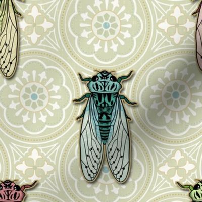 Vintage Cicadas on Light Citrine Green Tiles - large