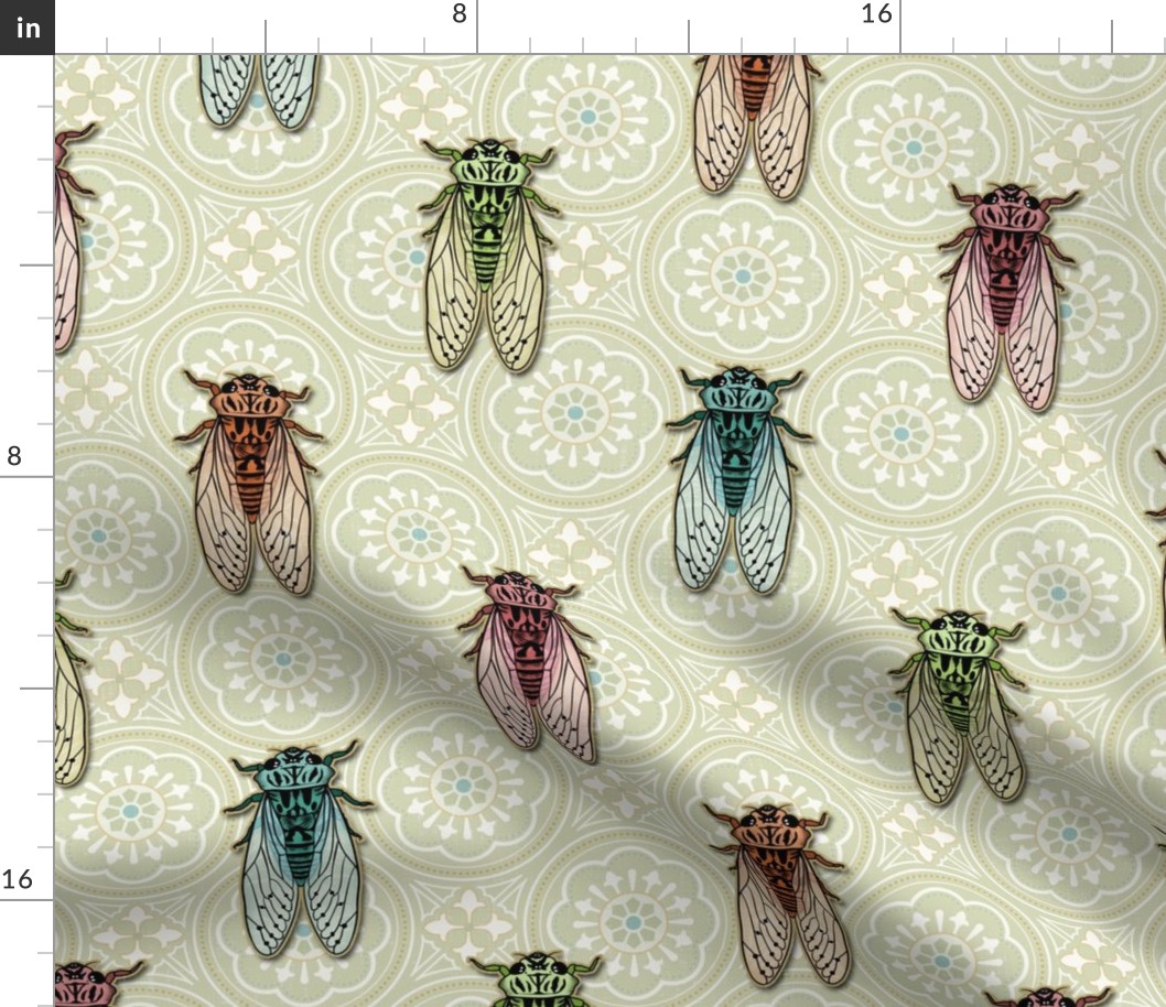 Vintage Cicadas on Light Citrine Green Tiles - large