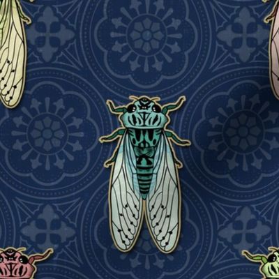 Vintage Cicadas on Navy Blue Tiles - large