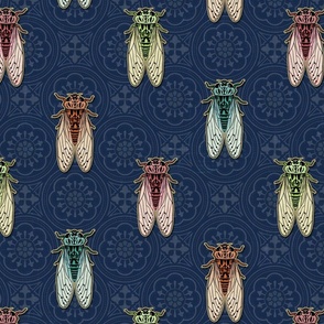 Vintage Cicadas on Navy Blue Tiles - large