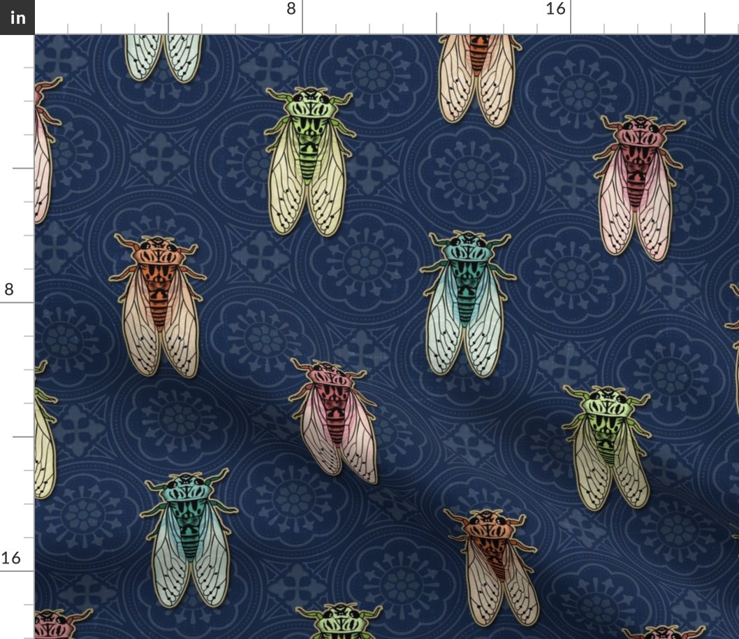 Vintage Cicadas on Navy Blue Tiles - large